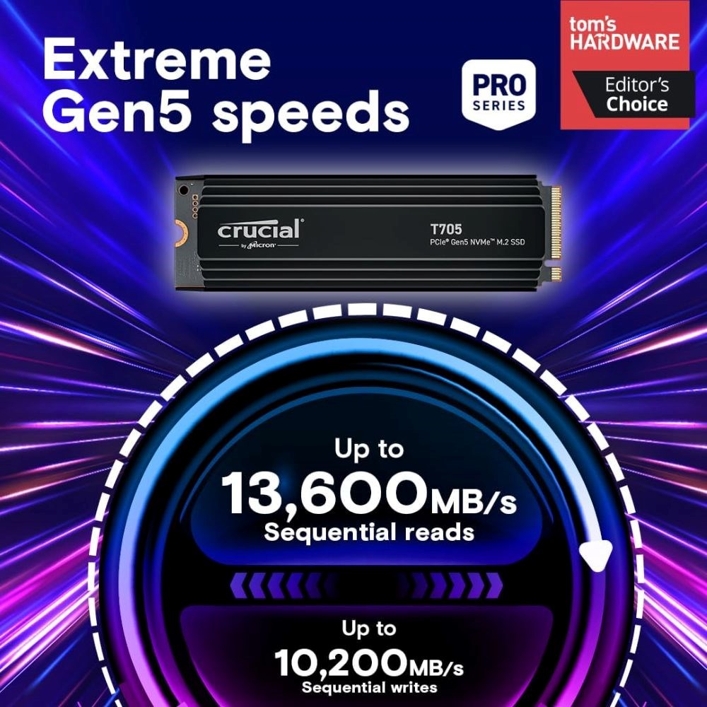 Crucial New 2024 T705 4TB PCIe Gen5 NVMe M.2 SSD with Heatsink - Up to 14,100 MB/s - Game Ready - Internal Solid State Drive (PC) - - CT4000T705SSD5