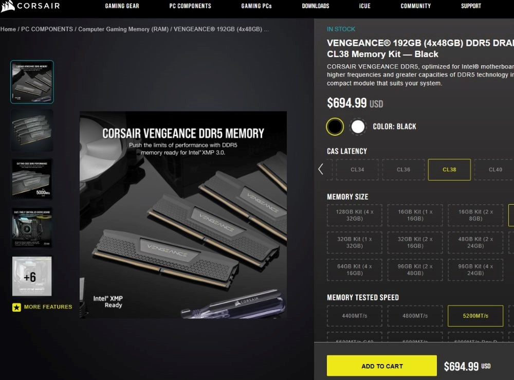  VENGEANCE® 192GB (4x48GB) DDR5 DRAM 5200MT/s CL38 Memory Kit — Black
