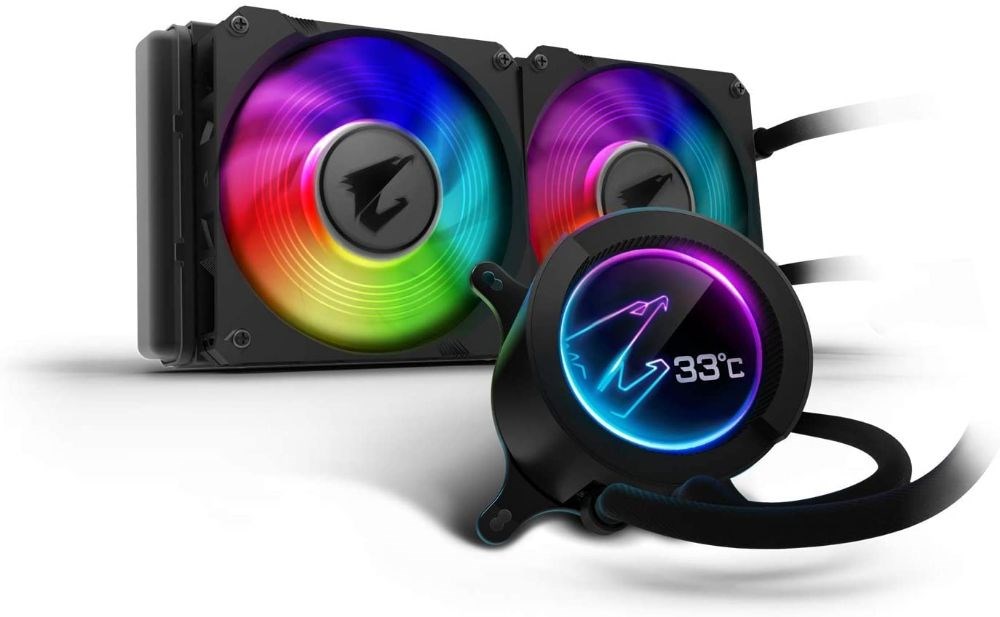  aorus rgb aio liquid cooler 240, 240mm radiator with dual 120mm windforce fans with color lcd display