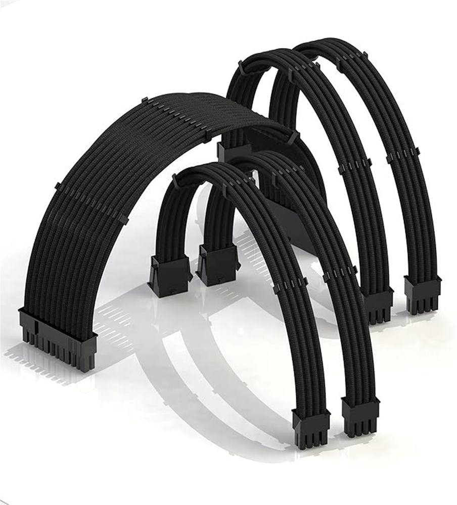 LINKUP - AVA 30cm PSU Cable Extension Sleeved Custom Mod GPU PC Braided w/Comb Kit | 1 x 24 P (20+4) | 2 x 8 P (4+4) CPU | 2 x 8 P (6+2) GPU Set | 300mm - Black