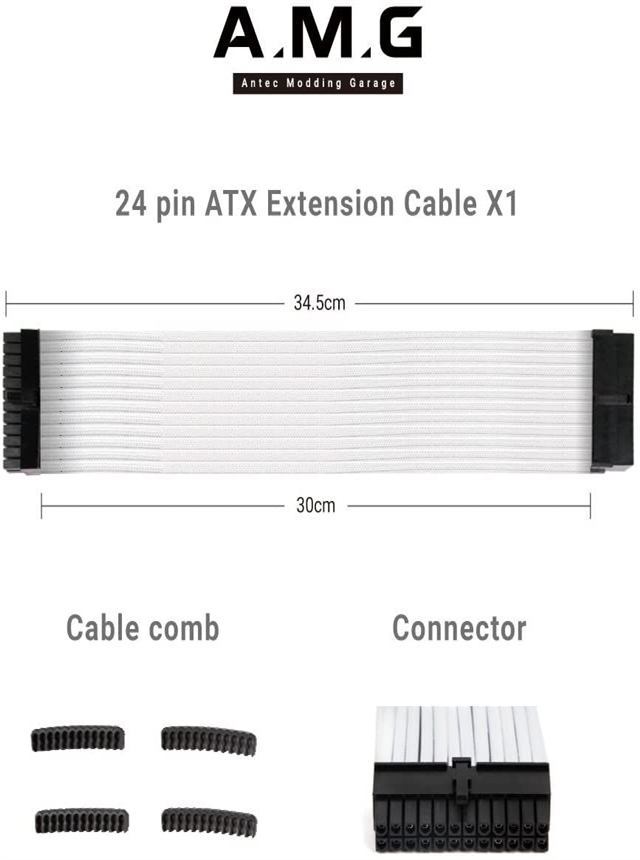  Antec Power Supply Sleeved Cable /24pin ATX /4+4pin EPS /8-pin PCI-E /6pin PCI-E PSU Extension Cable Kit 30cm Length with Combs, White