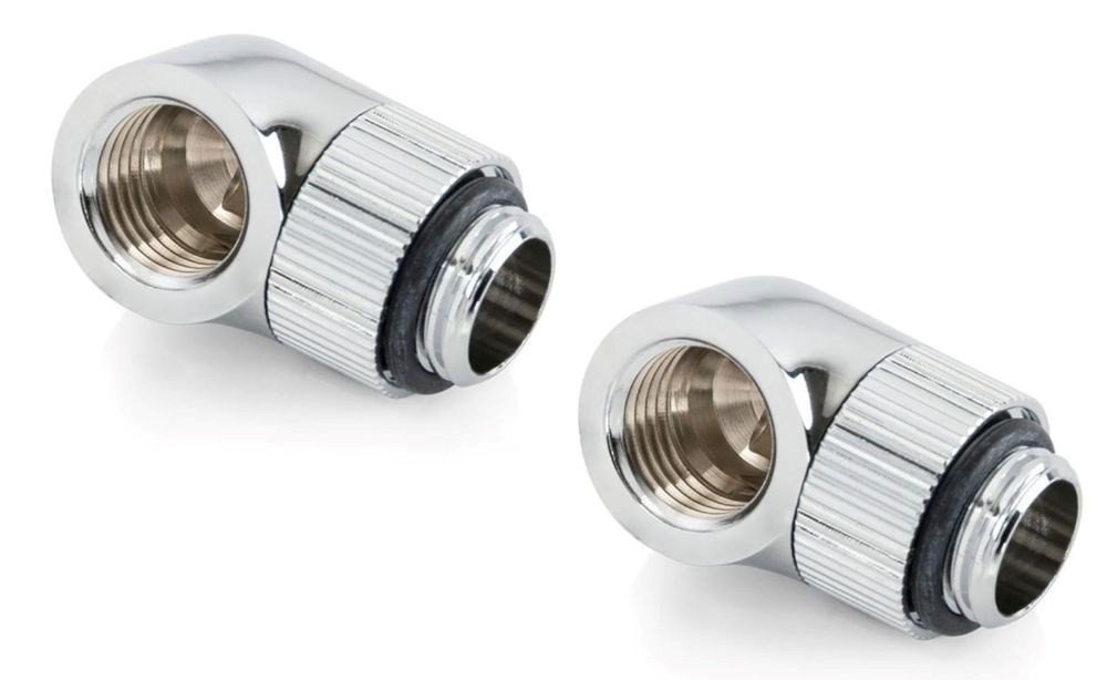 Bitspower Touchaqua G1/4" Male to Female Extender Fitting, 90 Degree Angle Rotary, Glorious Silver, 2-pack