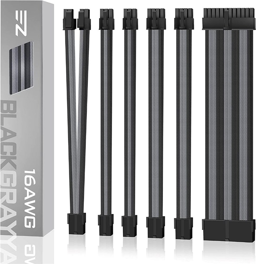  EZDIY-FAB PSU Cable Extension kit Sleeved Cable Custom Power Supply Sleeved Extension 16 AWG 24-PIN 8-PIN 6-PIN 4+4-PIN with Combs - Black/Grey