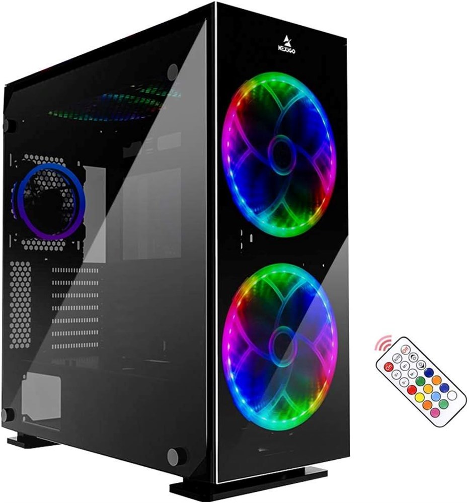  NexiGo Stellar Black ATX desktop computer gaming case, 4 tempered glass panels, 200mm pre-installed RGB LED fans with remote controller, 360mm liquid cooling support
