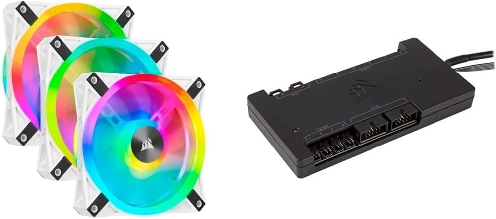 Corsair QL Series, iCUE QL120 RGB, 120mm RGB LED PWM White Fan, Triple Fan Kit with Lighting Node Core & iCUE Commander PRO Smart RGB Lighting and Fan Speed Controller