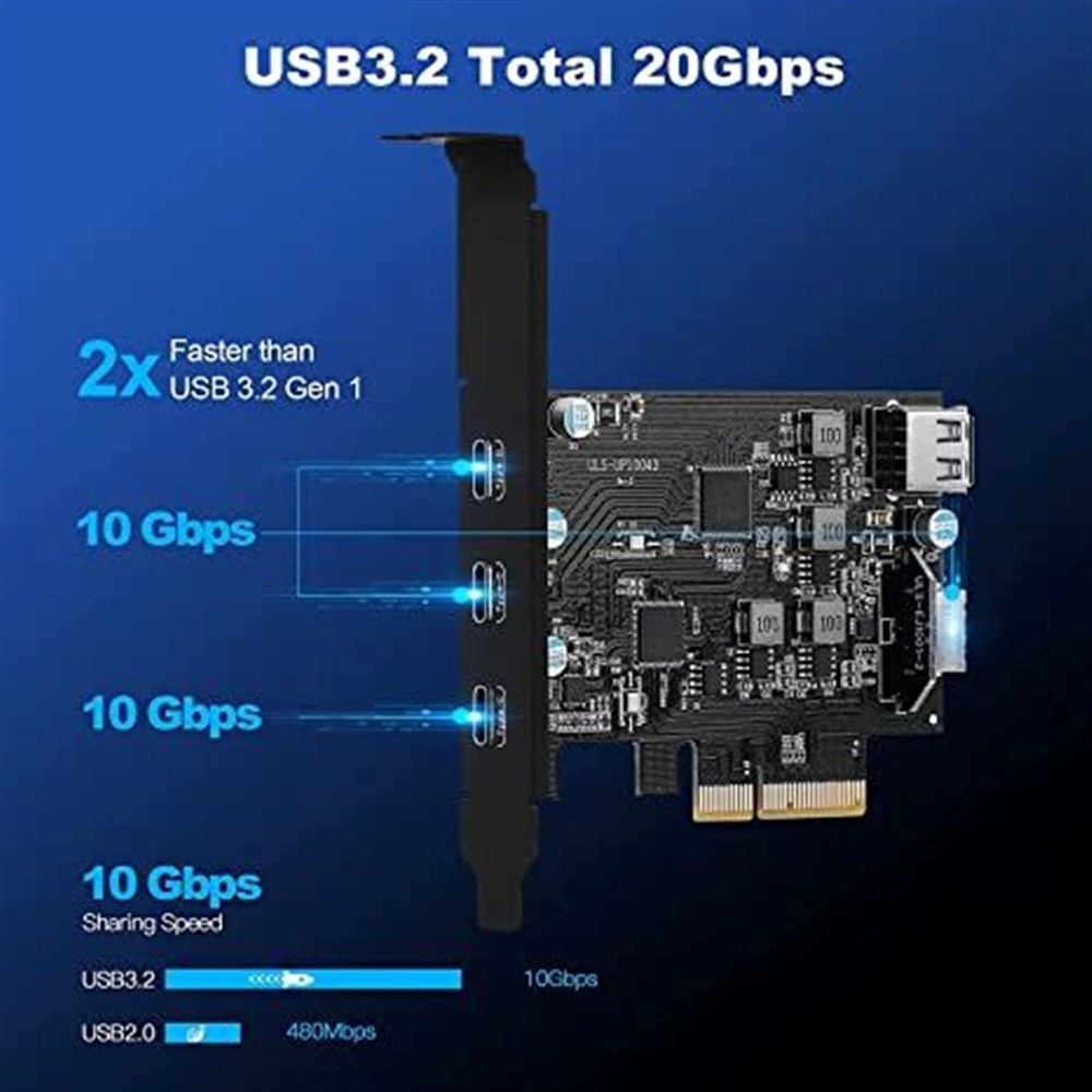 PCI-E to USB 3.2 Expansion Card ,3.2 gen2 10Gpbs (3X USB C, 1x USB A, 1x USB Type E A Key) , USB C PCI Express Card